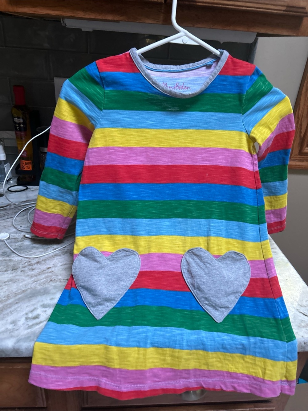 Mini Boden Rainbow Girls 3/4 Sleeve  Dress 5/6 Y Long Sleeve Knit  Heart Pockets